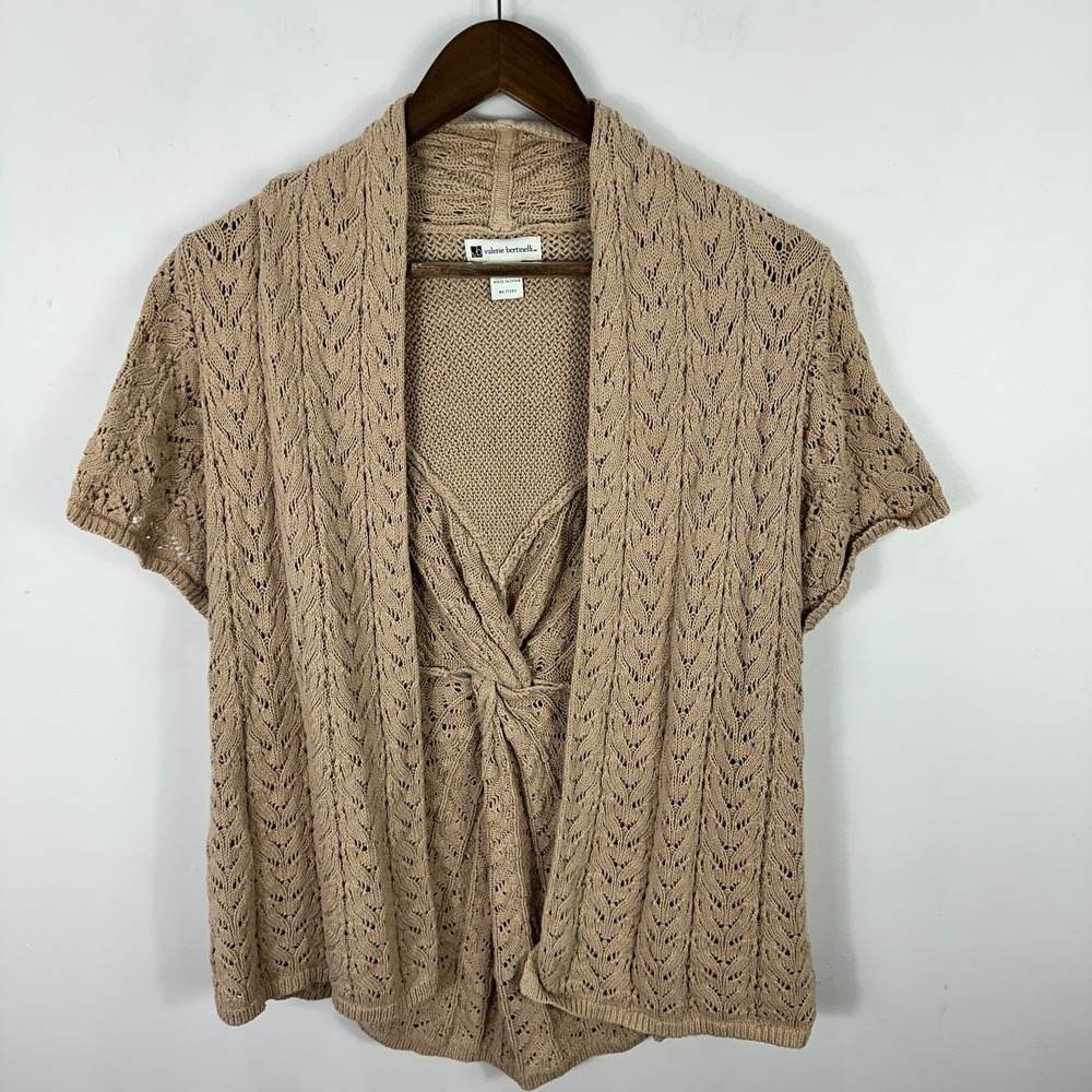 Valerie Bertinelli Cardigan M Beige Open Knit Crochet Boho Neutral Minimalist